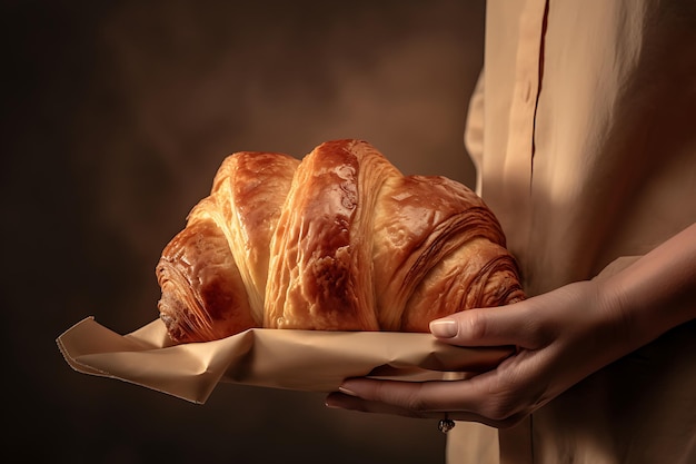 Croissant en una bolsa de papel artesanal en manos femeninas