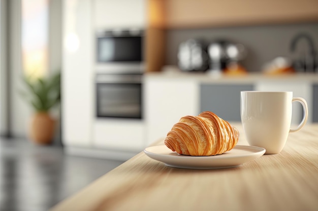 Croissant y café en la encimera de la cocina Ilustración AI generativo