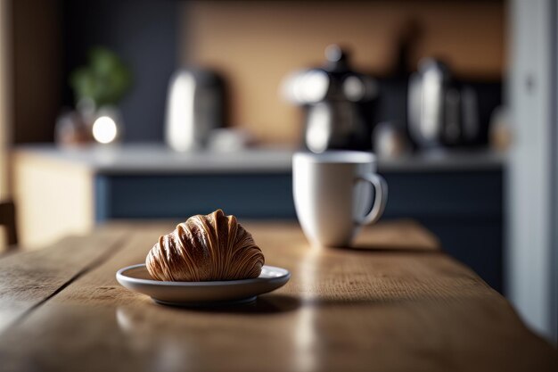 Croissant y café en la encimera de la cocina Ilustración AI generativo