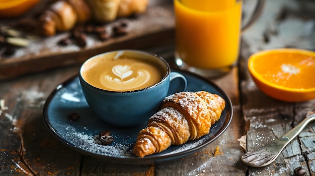 Croissant con un café y jugo de naranja