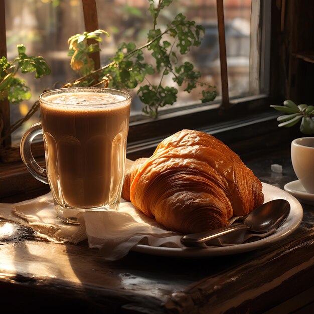 Croissant con café en la mesa dentro de la cafetería