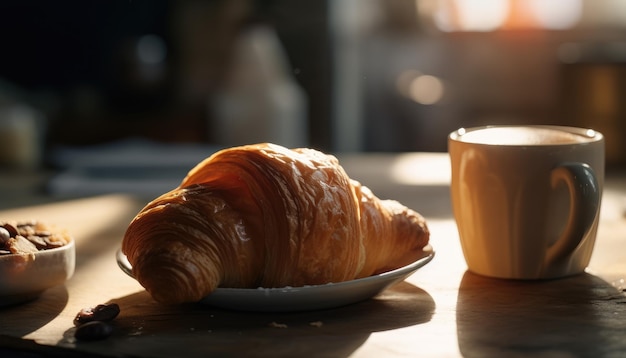 Croissant y café en la mesa Vista de la calle por la mañana soleada en el fondo IA generativa