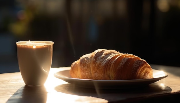 Croissant y café en la mesa Vista de la calle por la mañana soleada en el fondo IA generativa