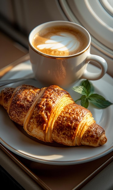 Croissant y café en un plato blanco