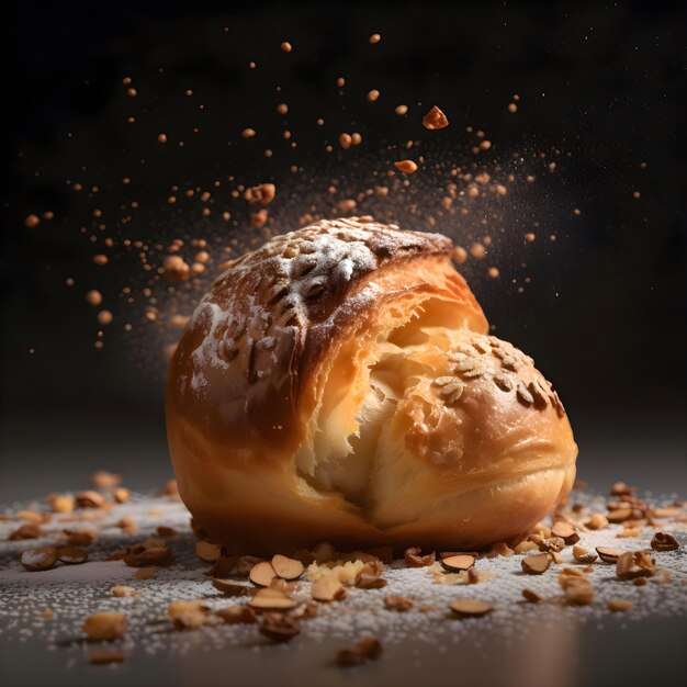 Croissant de chocolate sobre un fondo negro con toques de chocolate