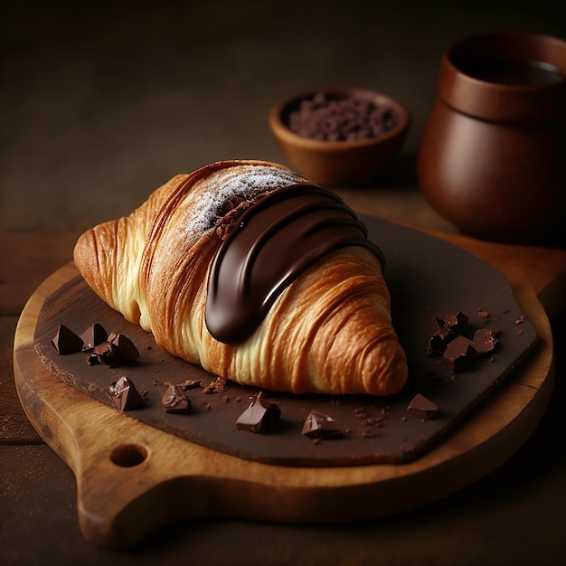 Un croissant con chocolate y una taza de café sobre la mesa.