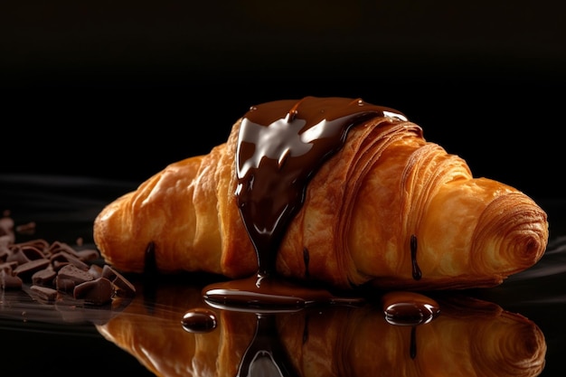 Foto croissant coberto de chocolate em uma superfície preta com chocolate generative ai