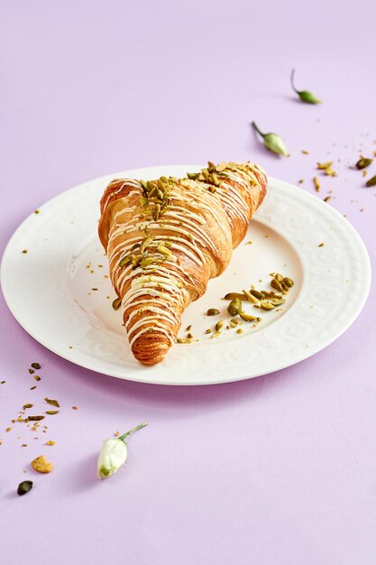 Croissant com creme de pistache e polvilhe nozes em um prato branco sobre fundo rosa