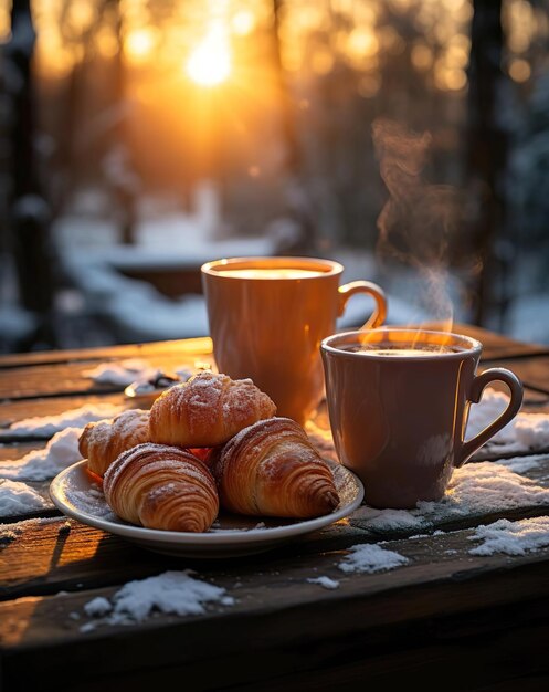 Croissant com duas xícaras de bebida em cima da mesa com neve no fundo