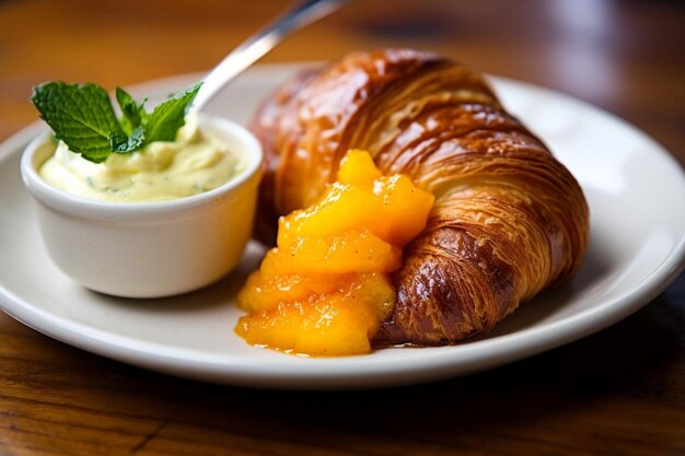 Foto croissant con compost de albahaca de melocotón