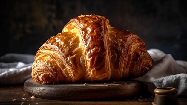 Un croissant con una corteza crujiente se sienta en un plato