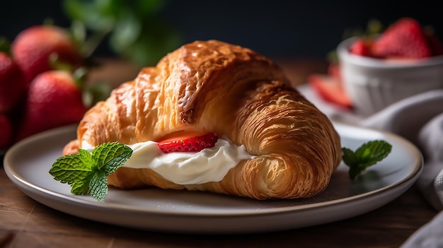 Un croissant con crema y fresa encima