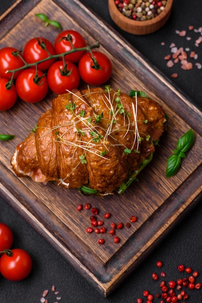 Croissant crocante delicioso com queijo alface salmão e tomate