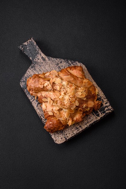 Croissant crocante fresco com lascas de amêndoa e recheio de chocolate