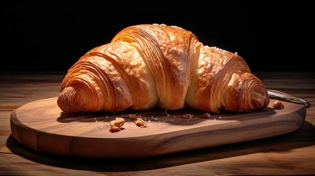 un croissant con croissant en una superficie de madera.