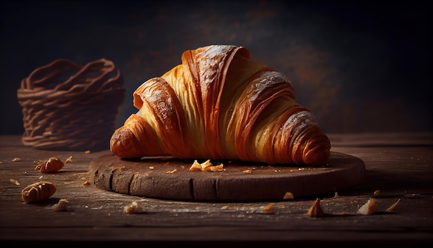 Croissant crujiente fresco en el primer plano de la mesa Al generado