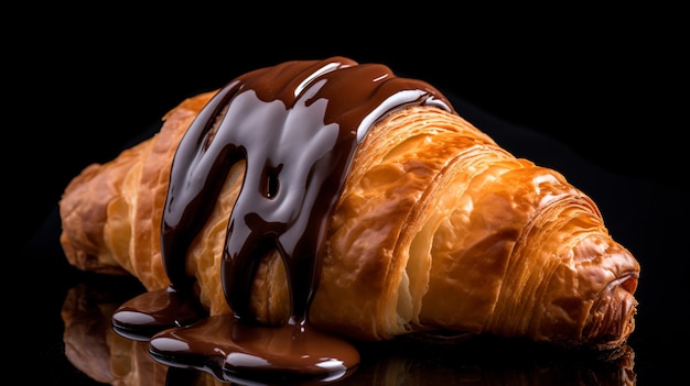 un croissant cubierto de chocolate sentado sobre una superficie negra