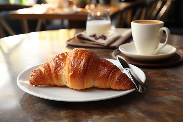 Foto croissant de indulgência matinal combinado com café aromático em uma mesa