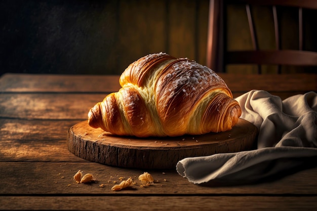 Croissant de pão acabado de cozer na mesa de madeira