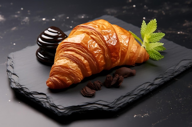 Croissant derramado com chocolate em um prato de pedra de ardósia com fundo escuro