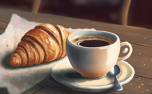 croissant dibujado y una taza de café sobre un fondo de café ilustraciones de pasteles de acuarela generados por ai