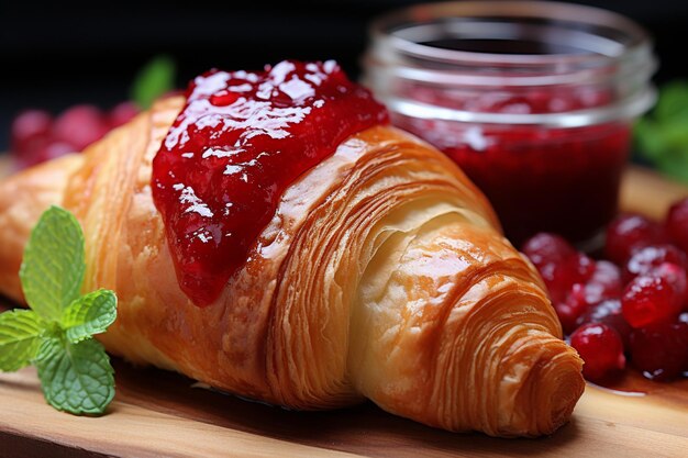 Croissant dourado com geleia de framboesa doce de manhã