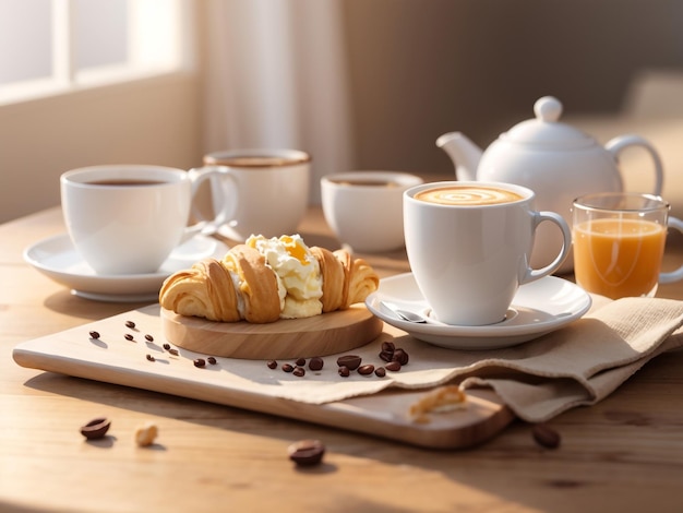 Croissant e café da manhã em uma mesa com o prazer da manhã ao sol