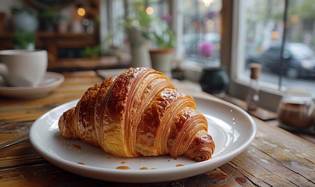 Croissant e café em mesa de madeira