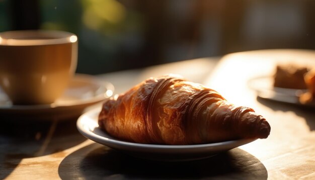 Croissant e café na mesa Manhã ensolarada vista da rua ao fundo IA generativa