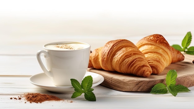Croissant e uma chávena de café para o pequeno-almoço gerados pela IA