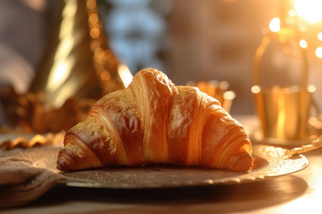 Croissant em luz dourada suave com apresentação elegante com guardanapo no fundo Ilustração generativa de IA