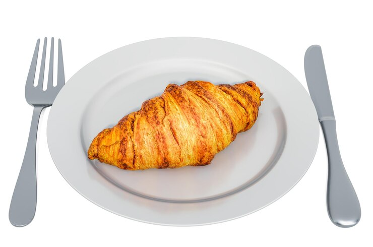 Foto croissant em prato com garfo e faca renderização 3d