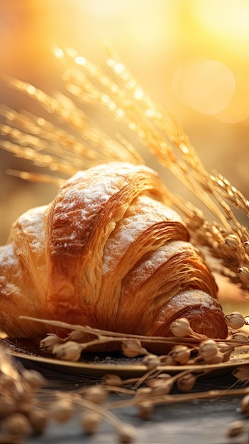 Un croissant con espigas de trigo al fondo