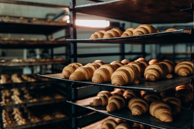 Croissant fazendo biscoito fresco de padaria de fábrica