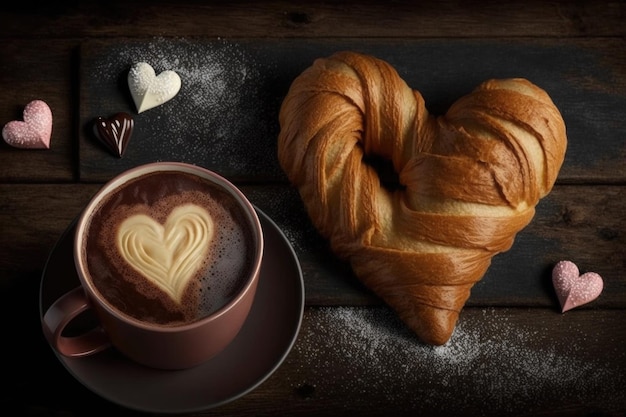 Croissant en forma de corazón junto a una taza de chocolate caliente o café creado con ai generativo