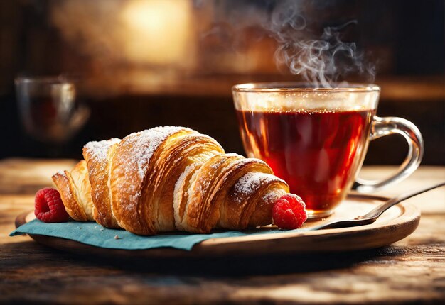 Croissant francês com chá para o pequeno-almoço