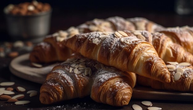 Croissant francês recém-assado, uma doce indulgência em mesa rústica gerada por IA