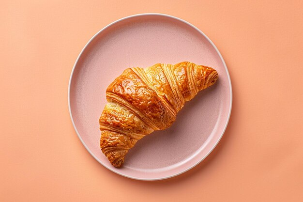 Foto croissant francés recién horneado en un plato con fondo naranja vista superior