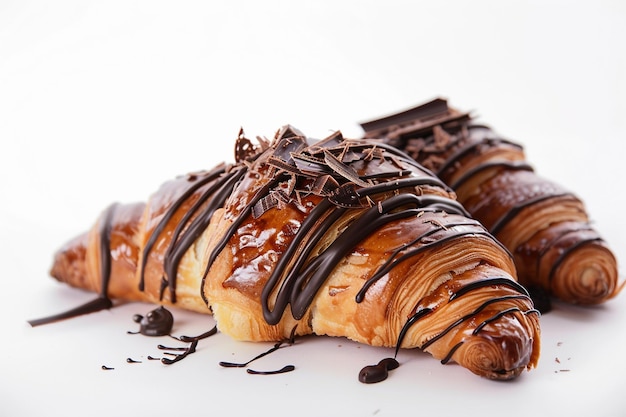 Croissant francés vertido con tiras de chocolate con leche aisladas sobre un fondo blanco