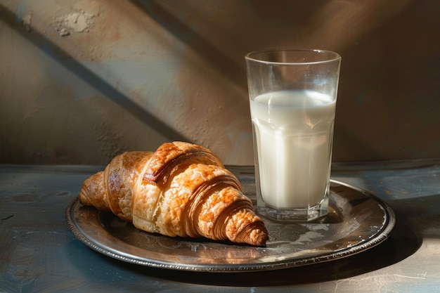 Croissant fresco y leche en un plato de cosecha en la luz de la mañana