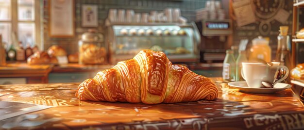 Croissant fresco en una mesa de madera en una acogedora panadería iluminada por el sol con pasteles y máquina de café en el fondo