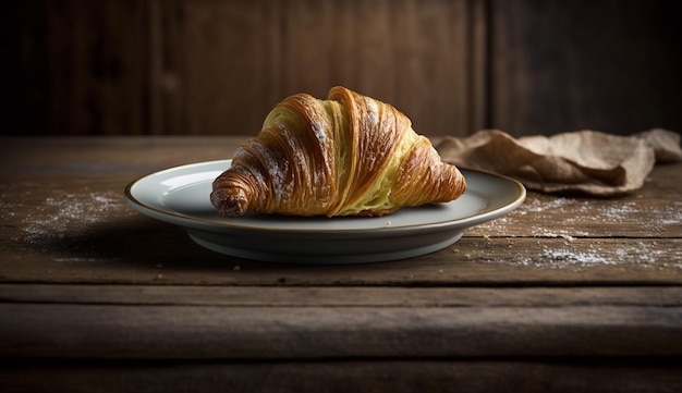 Croissant fresco na mesa de madeira rústica pronto para comer gerado por IA