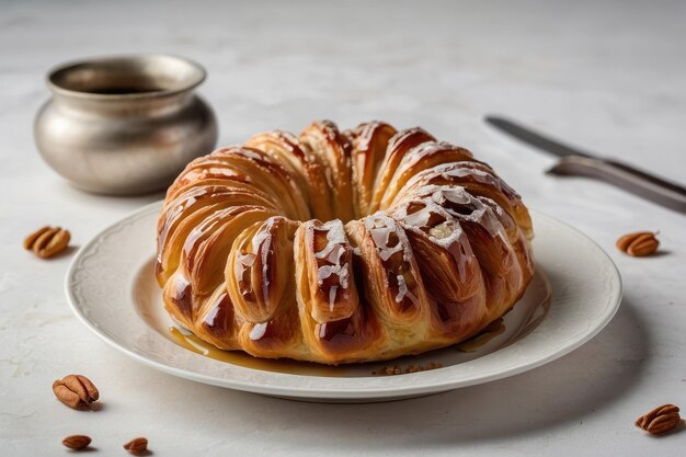 Foto croissant gourmet en el plato con llovizna