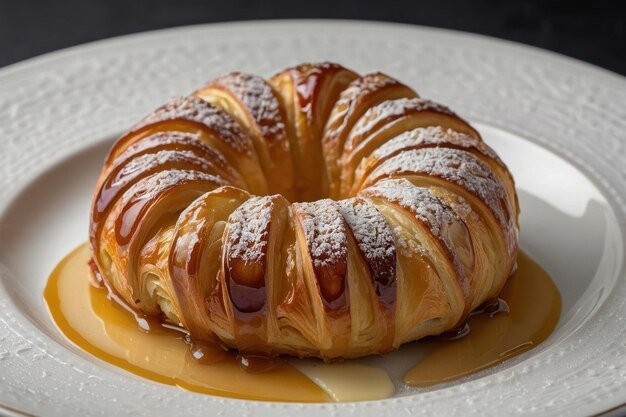 Foto croissant gourmet en el plato con llovizna