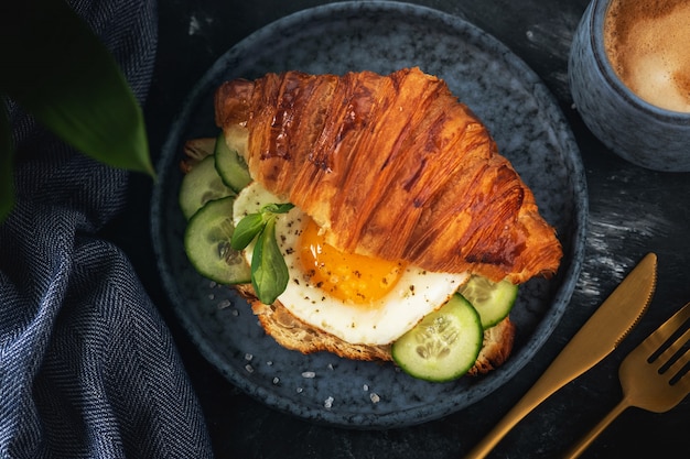 Croissant con huevo frito y café.