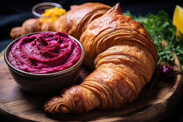 Foto croissant con hummus de remolacha