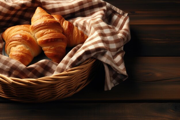 Croissant in einem Korb mit Tuch auf einem Holztisch