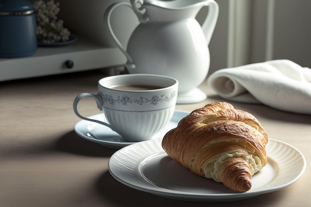 Croissant in einem krassen weißen Rahmen mit einer Milch- und Kaffeetasse