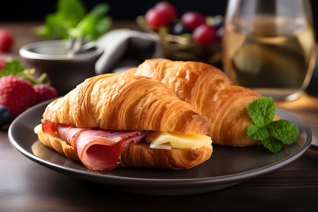 Croissant con jamón y queso sobre un fondo oscuro Red neuronal AI generada