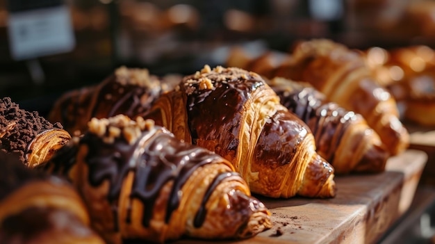 Croissant lleno de chocolate contra una exhibición de pastelería